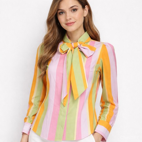 Pussy Bow Shirt in Pink & Green Candy Stripe