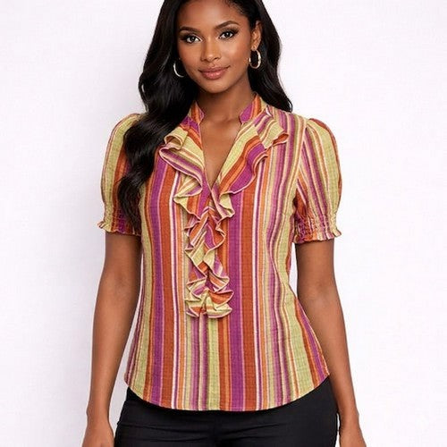 Frill Front Stripe Blouse in Pink