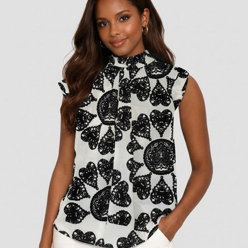 Tie Back High Neck Blouse in Black & White Jacquard Print