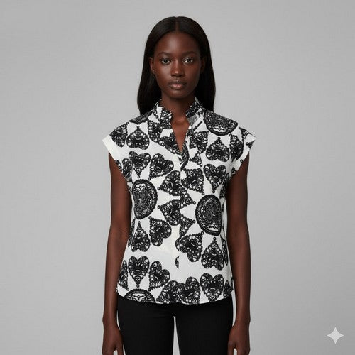 Tie Back High Neck Blouse in Black & White Jacquard Print
