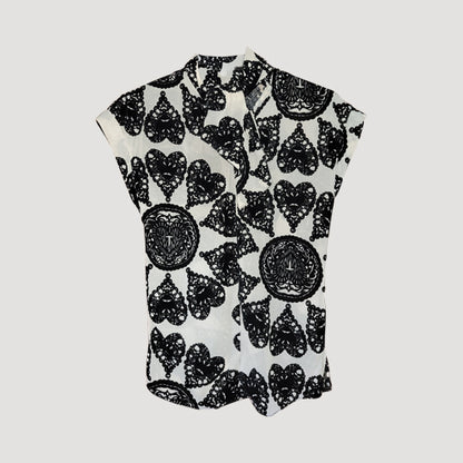 Tie Back High Neck Blouse in Black & White Jacquard Print