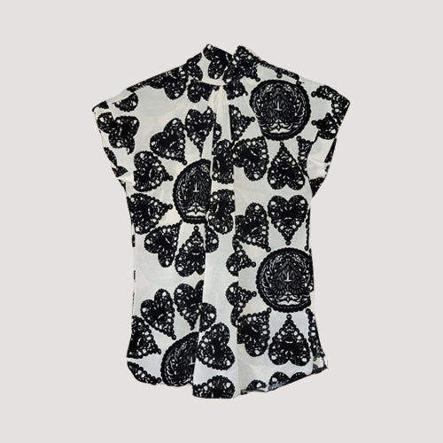 Tie Back High Neck Blouse in Black & White Jacquard Print
