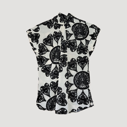 Tie Back High Neck Blouse in Black & White Jacquard Print