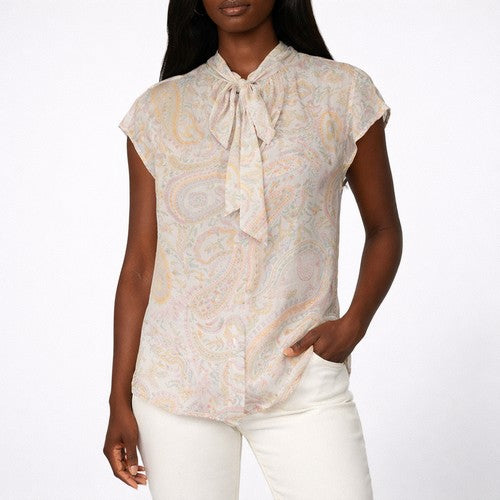 Tie Back High Neck Blouse in Pink Paisley