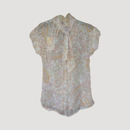 Tie Back High Neck Blouse in Pink Paisley