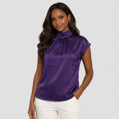 Tie Back High Neck Blouse in Purple Satin Chiffon