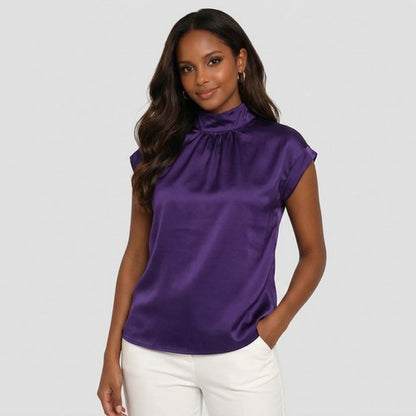 Tie Back High Neck Blouse in Purple Satin Chiffon