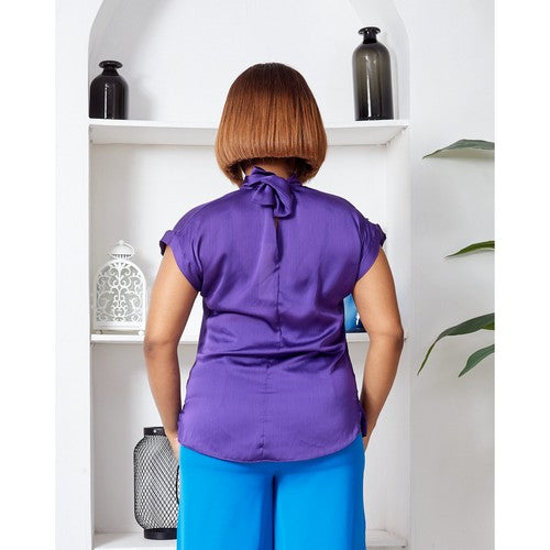 Tie Back High Neck Blouse in Purple Satin Chiffon