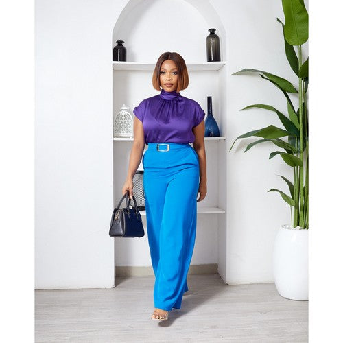 Tie Back High Neck Blouse in Purple Satin Chiffon