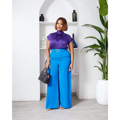 Tie Back High Neck Blouse in Purple Satin Chiffon