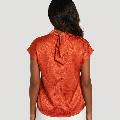 Tie Back High Neck Blouse in Red Tiger Stripe Satin