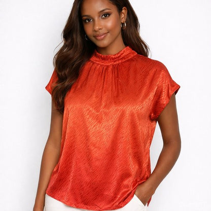 Tie Back High Neck Blouse in Red Tiger Stripe Satin