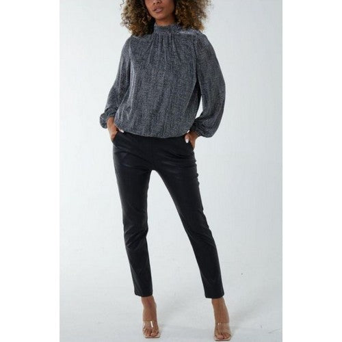 High Neck Blouse in Black Vintage Print