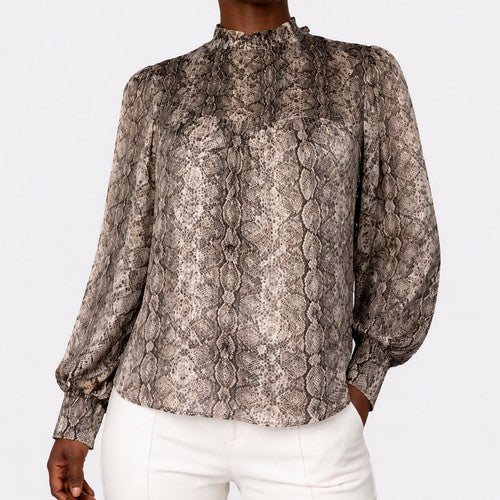 High Neck Blouse in Brown Chiffon Snake Print