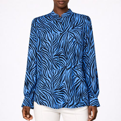 High Neck Blouse in Navy & Black Chiffon Tiger Print