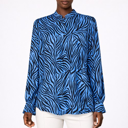 High Neck Blouse in Navy & Black Chiffon Tiger Print
