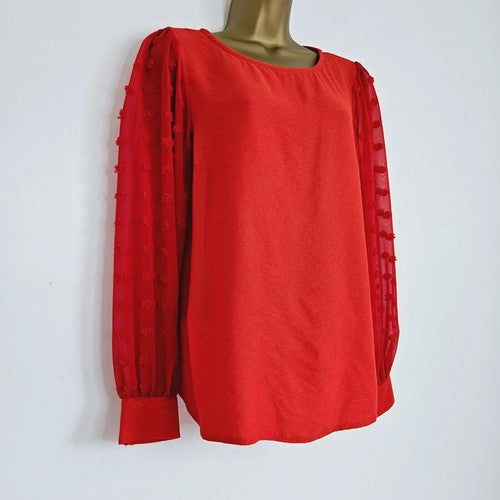 Dobby Sleeve Linen-Look Blouse in Red