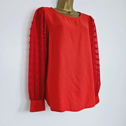 Dobby Sleeve Linen-Look Blouse in Red