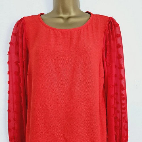 Dobby Sleeve Linen-Look Blouse in Red