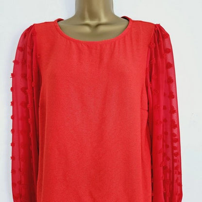Dobby Sleeve Linen-Look Blouse in Red