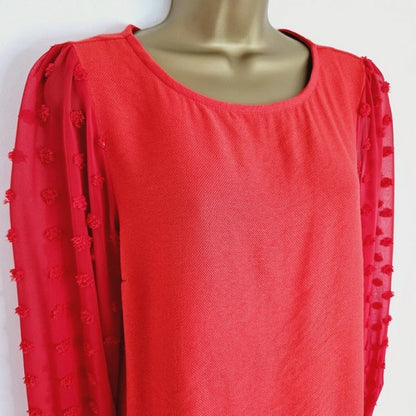 Dobby Sleeve Linen-Look Blouse in Red