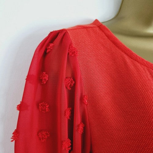 Dobby Sleeve Linen-Look Blouse in Red