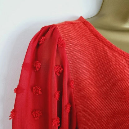 Dobby Sleeve Linen-Look Blouse in Red