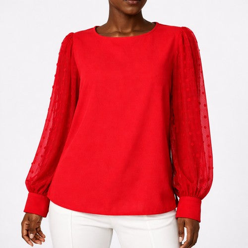 Dobby Sleeve Linen-Look Blouse in Red