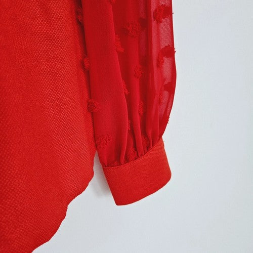 Dobby Sleeve Linen-Look Blouse in Red