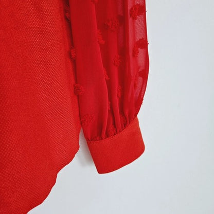 Dobby Sleeve Linen-Look Blouse in Red