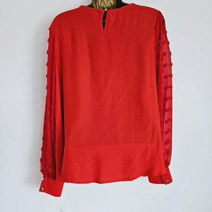 Dobby Sleeve Linen-Look Blouse in Red