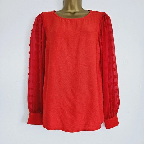 Dobby Sleeve Linen-Look Blouse in Red