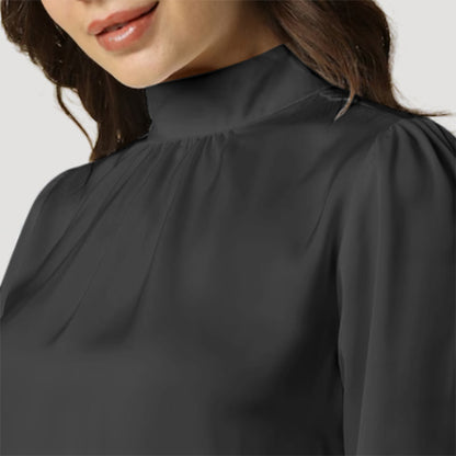 Elastic Cuff High Neck Blouse in Black