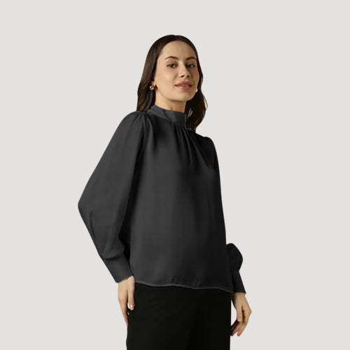 Elastic Cuff High Neck Blouse in Black