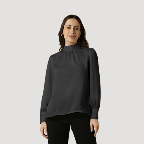 Elastic Cuff High Neck Blouse in Black