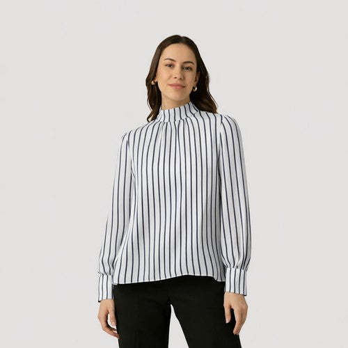 Elastic Cuff High Neck Blouse in Blue Stripe Satin