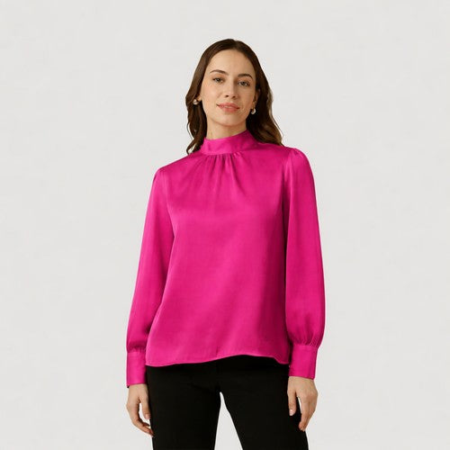 High Neck Blouse in Fuchsia Satin