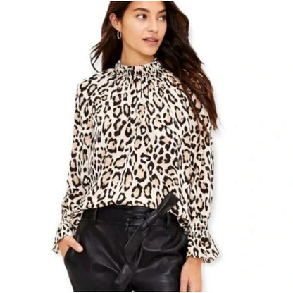 Elastic Cuff High Neck Blouse in Leopard Print