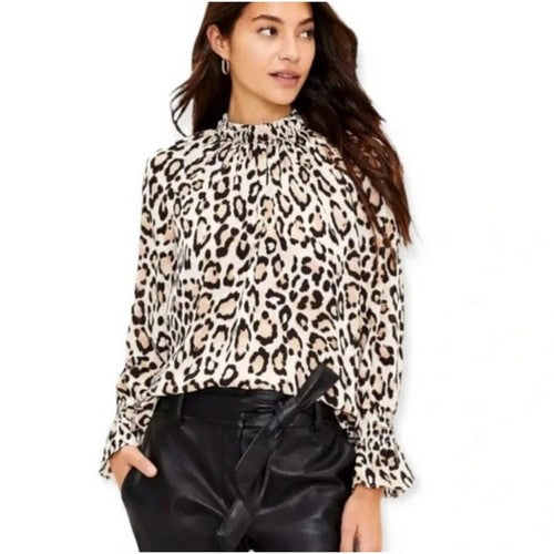 Elastic Cuff High Neck Blouse in Leopard Print