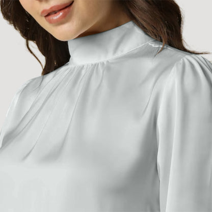 Elastic Cuff High Neck Blouse in Mint Satin