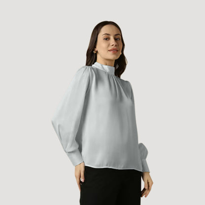 Elastic Cuff High Neck Blouse in Mint Satin