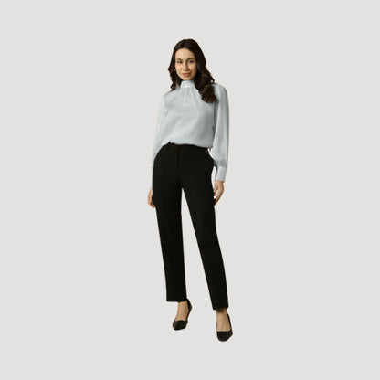 Elastic Cuff High Neck Blouse in Mint Satin