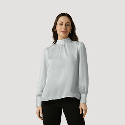 Elastic Cuff High Neck Blouse in Mint Satin