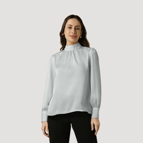 Elastic Cuff High Neck Blouse in Mint Satin