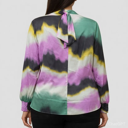High Neck Blouse in Purple Tie Dye Sateen