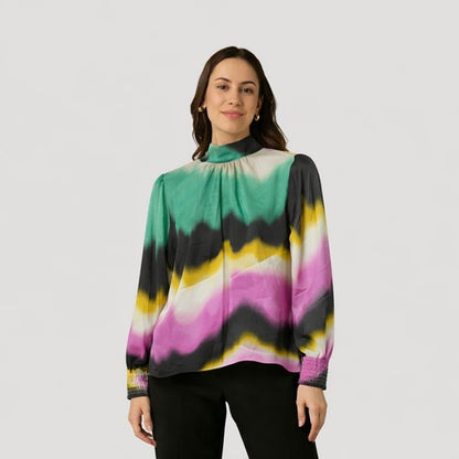 High Neck Blouse in Purple Tie Dye Sateen