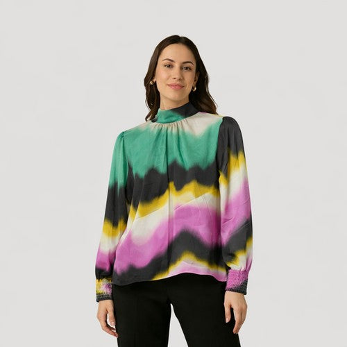 High Neck Blouse in Purple Tie Dye Sateen