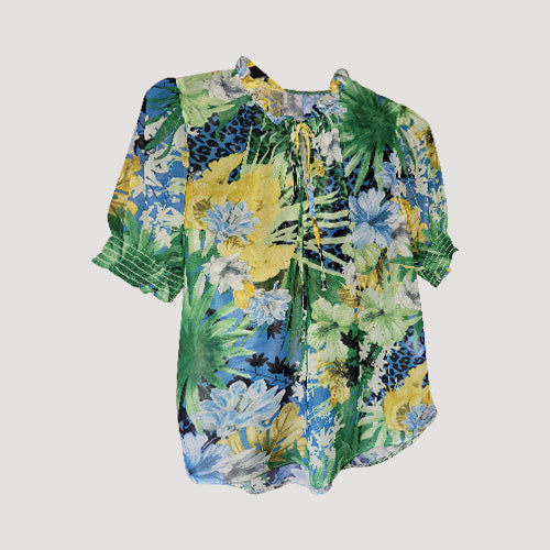 Tie Neck Stretch Chiffon Blouse in Green & Yellow Print