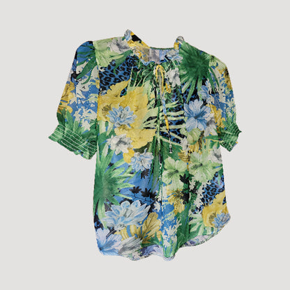 Tie Neck Stretch Chiffon Blouse in Green & Yellow Print
