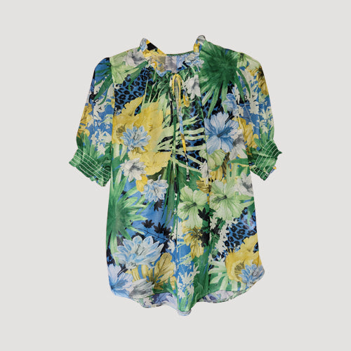 Tie Neck Stretch Chiffon Blouse in Green & Yellow Print